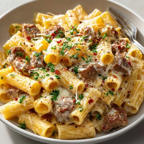 Beef With Pasta in Creamy Garlic Sauce served in a skillet, topped with fresh parsley garnish.