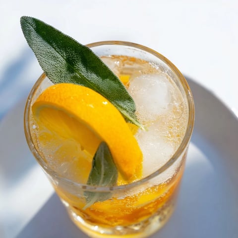 Refreshing Thanksgiving Nonalcoholic Sage-Fizz Mocktail garnished with citrus and fresh herbs.  