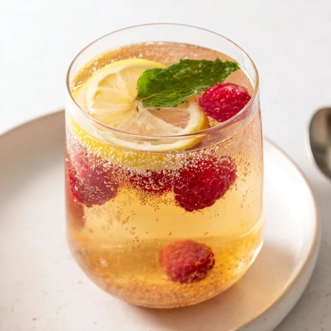 A vibrant glass of Kombucha-style home-brew mocktail infused with fresh berries.  