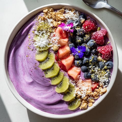 Colorful smoothie bowls with purple yam and pistachios, topped with fresh berries.  