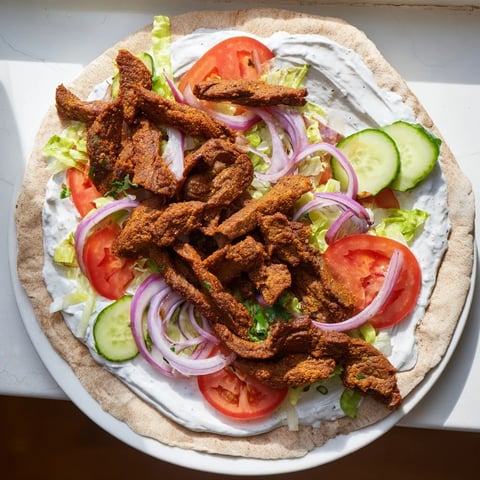 Golden-brown Beef Shawarma Wraps filled with spiced beef, fresh vegetables, and creamy yogurt sauce.