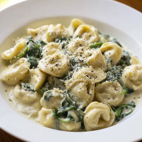 Creamy Spinach Alfredo Tortellini: a comforting bowl of pasta swimming in rich, creamy sauce and fresh spinach.