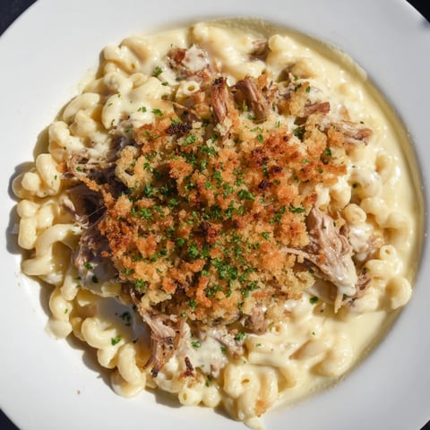 Golden-brown Barbecue Pulled Pork Mac and Cheese dish, bubbling hot with crispy breadcrumb topping.