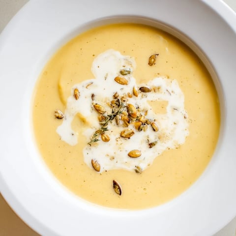 Creamy Roasted Acorn Squash Soup: a warm bowl of orange, velvety soup garnished with fresh herbs.
