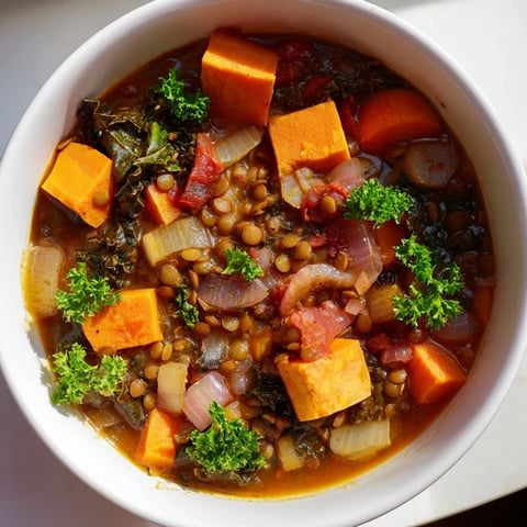 Steaming winter vegetable and lentil soup, a flavorful main dish with vibrant, colorful vegetables.
