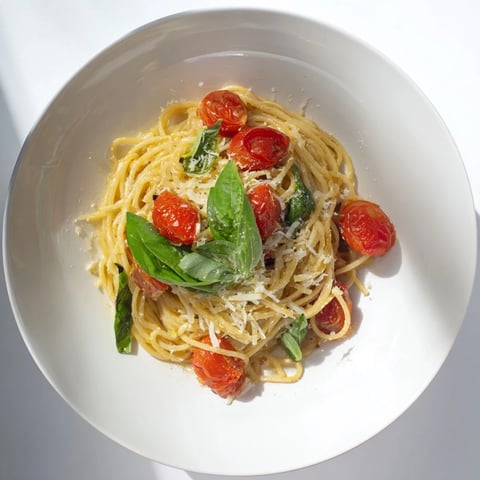 Steaming bowl of Lazy-Girl Pasta, glistening with Parmesan, ready to serve with fresh basil.