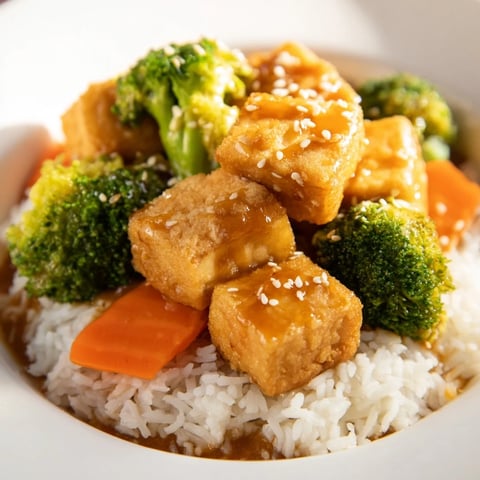 Golden-brown sesame tofu & broccoli, a delicious vegetarian meal served over fluffy white rice.