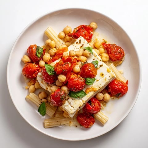 Creamy baked feta chickpea and tomato pasta, a vibrant Mediterranean meal ready for serving.