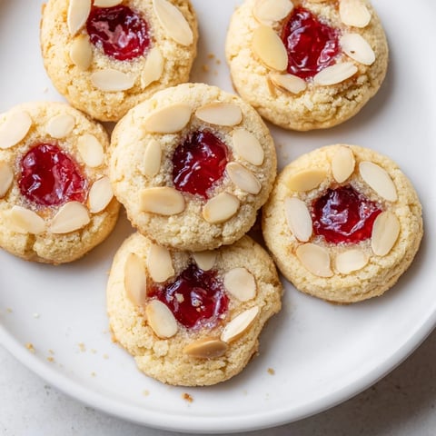 Golden baked Cherry Almond Thumbprint Cookies, showcasing a jam-filled center and sliced almond garnish.
