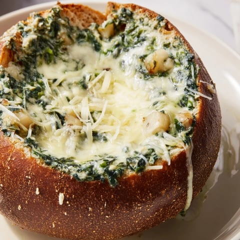Warm, bubbly Best-Ever Spinach Dip in a bread bowl, perfect with colorful veggie sticks and bread cubes.