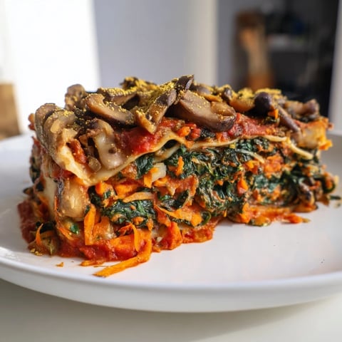 A bubbling vegan mushroom spinach lasagna, golden and savory, ready to serve with fresh basil.