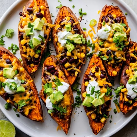 Golden, steaming loaded baked sweet potatoes with melty cheese and vibrant toppings.