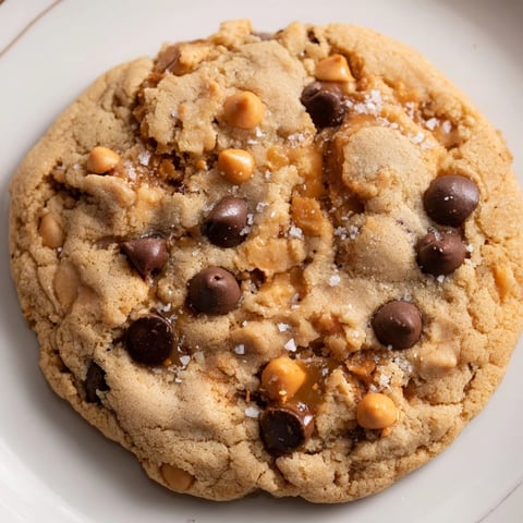 Golden-edged Best Ever Butterscotch Chocolate Chip Cookies ready to be sprinkled with flaky sea salt.