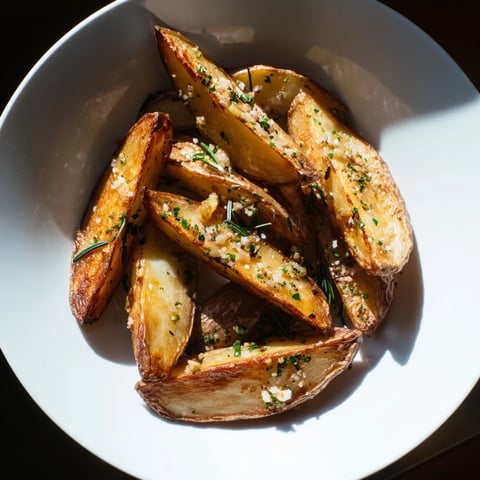 Golden-brown Quick Rosemary Roast Potato Wedges, ready to serve, offer a delightful aroma.