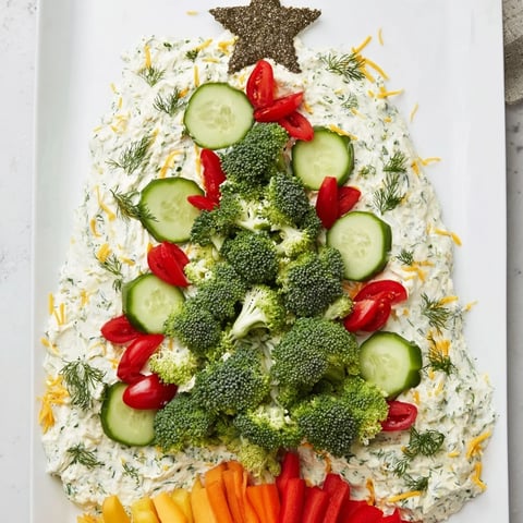 Festive Christmas Tree Dip platter with creamy herb dip and colorful vegetable "ornaments" for dipping.