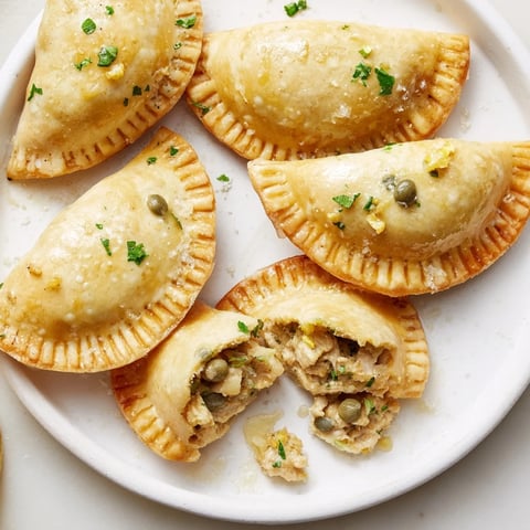 Golden, flaky Chicken Piccata Mini Hand Pies, filled with savory chicken, zesty lemon, and capers.