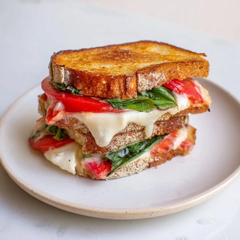 Golden, crispy Tomato Basil Burrata Stuffed Grilled Cheese oozes creamy cheese and ripe tomatoes.
