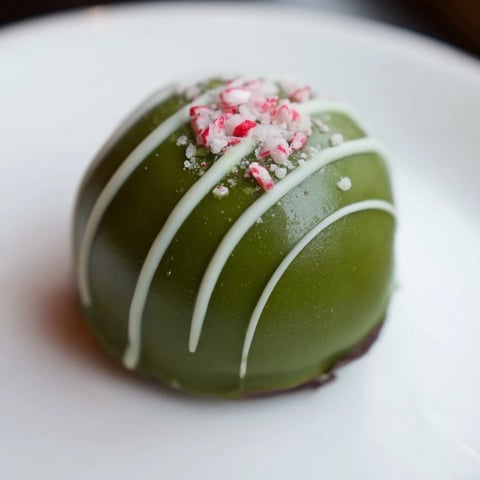 Rich Matcha Dark Chocolate Peppermint Truffles, rolled in green matcha powder, ready to enjoy as a dessert.