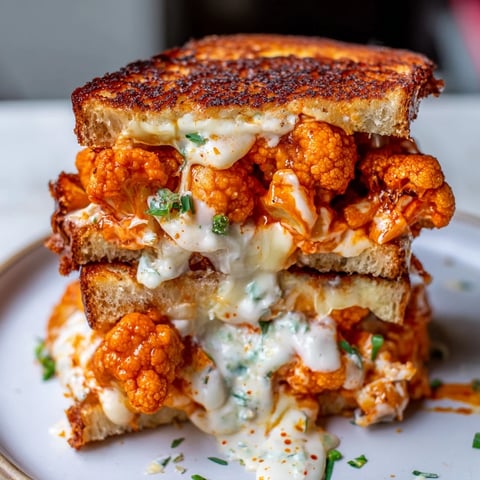 Golden, gooey Buffalo Cauliflower Ranch Grilled Cheese, showcasing crispy bread and melted cheese pull.