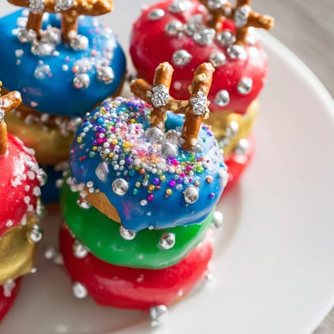 Festive donut stack Christmas ornament tower, layered with colorful icing and shimmering sprinkles, ready to serve.
