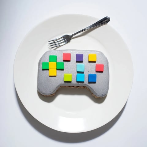 A colorful Pixel Video Game Controller Cake, meticulously crafted with vibrant fondant decorations for a gamer.