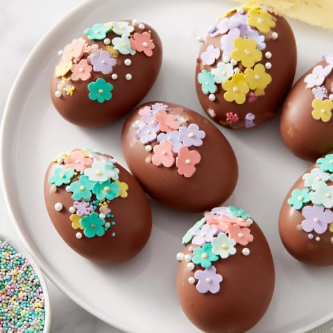 Decorated Easter egg candy, a colorful display of homemade treats with vibrant sprinkles.