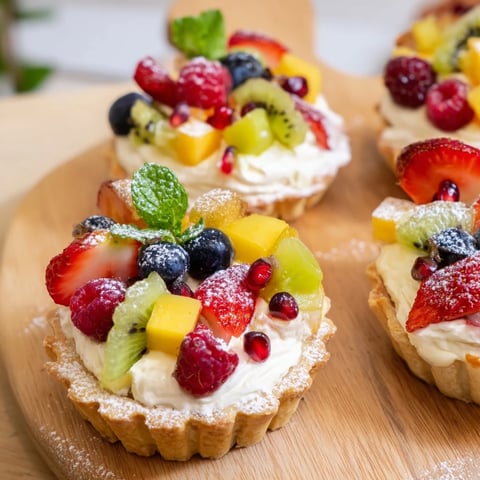 Heart Shaped Fruit Tart Board displaying a beautiful array of fresh fruit atop creamy tartlets.