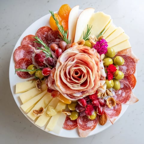 A vibrant charcuterie board with meat rose bouquet, full of delicious holiday flavors.
