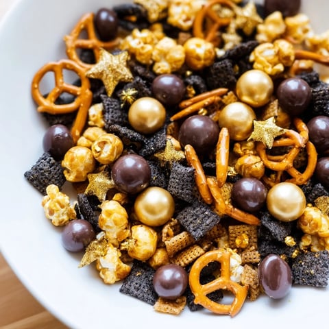 Golden and black Midnight Snack Mix, beautifully textured, ready to eat for New Year's celebrations.