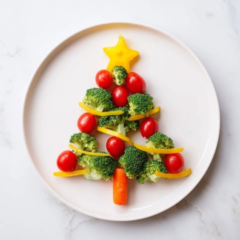 Bright green Broccoli Tree, adorned with red cherry tomatoes, ready for a festive, healthy appetizer.