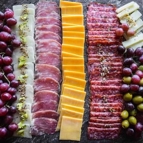 A close-up of The Industrial Slate appetizer, showcasing lines of meats and cheeses beautifully.