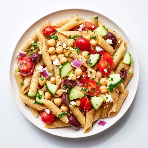 Mediterranean pasta salad with chickpeas, bursting with fresh veggies and tangy feta, ready to serve.