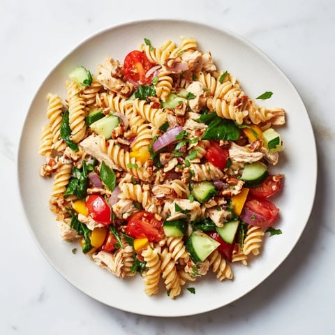 Pasta salad with cranberry vinaigrette, showing a refreshing bowl of colorful pasta, chicken, and vegetables.