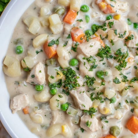 Chicken Pot Pie Pasta Soup: A creamy bowl filled with tender chicken, vegetables, and pasta.
