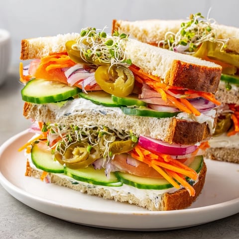Crunchy dill pickle sandwich, bursting with layers of pickles and fresh veggies, ready to enjoy.