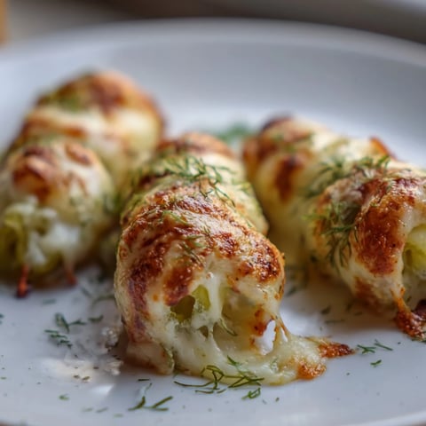 Golden-brown melted cheese pickle rolls, a simple American appetizer, ready to enjoy warm.