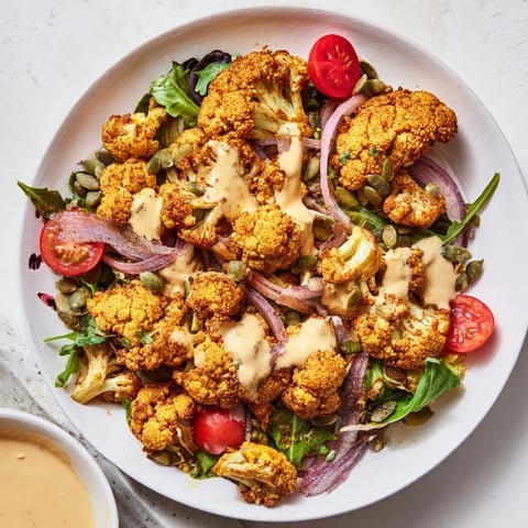 Crispy Cauliflower Salad with Tahini Sauce: golden air-fried cauliflower and fresh greens, drizzled with creamy tahini dressing, delicious.