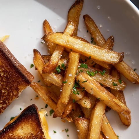 Golden-brown Beef Tallow French Fries Grilled Cheese, perfectly crispy fries next to melty cheese sandwich.