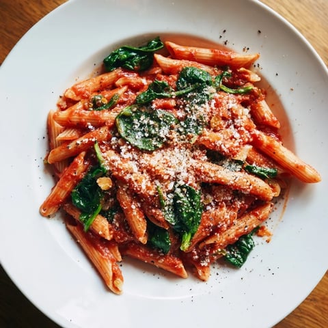 Quick Marinara Pasta with Spinach served in a bowl, steam rising off the fresh, vibrant dish.