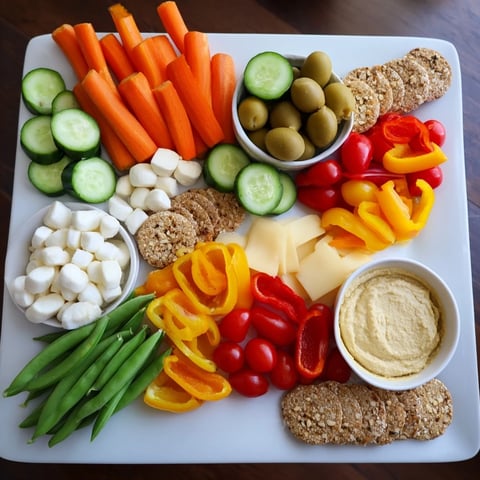 Vibrant Veggie Snack Board: Colorful vegetables, creamy dips, and cheeses arranged for an adult Lunchable.