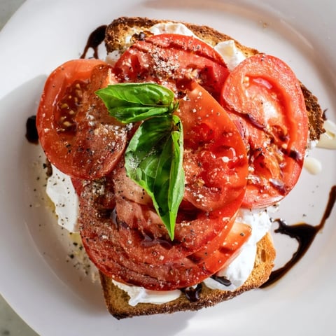 Golden, garlicky sourdough toast topped with fresh, creamy Tomato Burrata Toast and bright tomatoes.