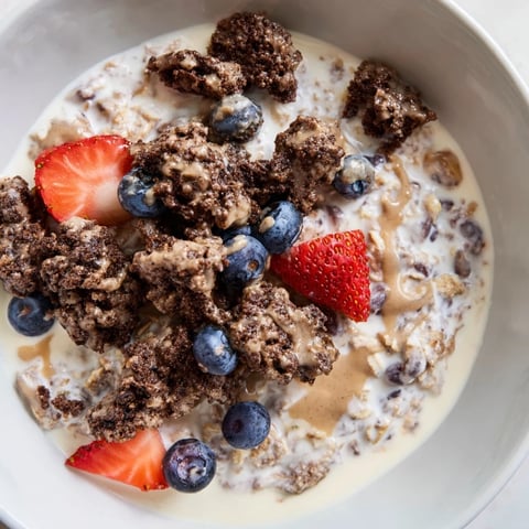 A close-up of creamy overnight oats gourmet makeover, swirled with peanut butter and berries.