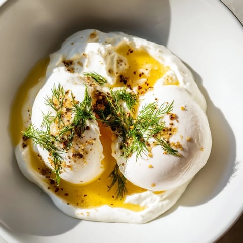 Golden-brown Cilbir showcases perfectly poached eggs atop a creamy yogurt base with spiced butter.