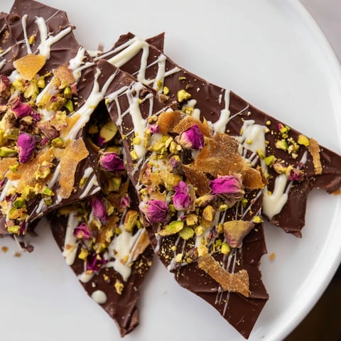 Close-up of Pistachio Dubai Chocolate Bark: layers of dark chocolate, crunchy pistachios, and flaky phyllo.