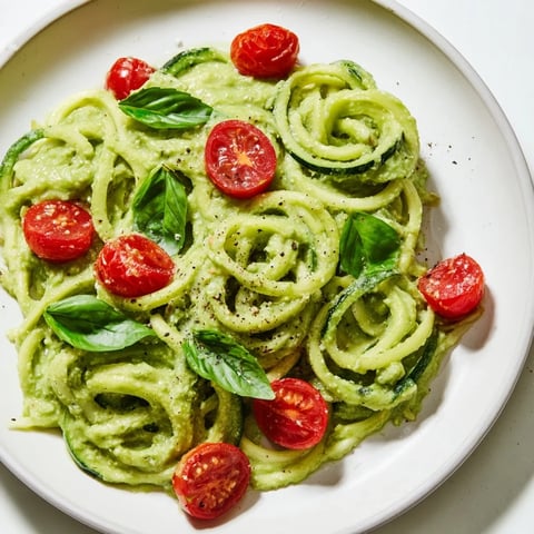 Creamy avocado pesto zoodles, a vibrant vegetarian meal topped with fresh cherry tomatoes.