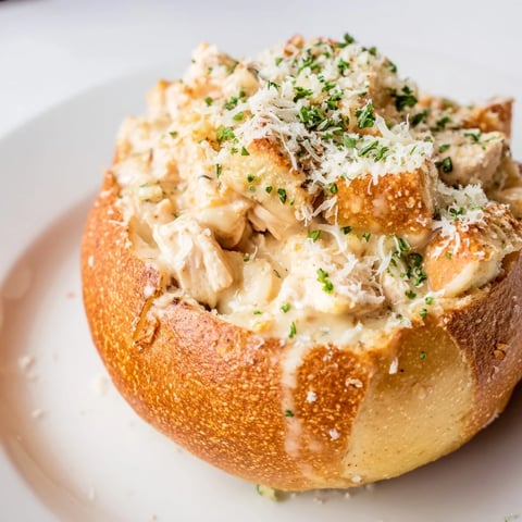 A golden, crispy bread bowl filled with creamy Chicken Alfredo, topped with melted Parmesan cheese.