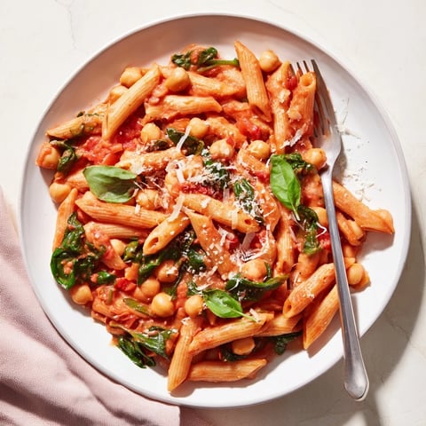 Golden, creamy Tuscan chickpea pasta with spinach and tomatoes in a skillet, steaming hot.  