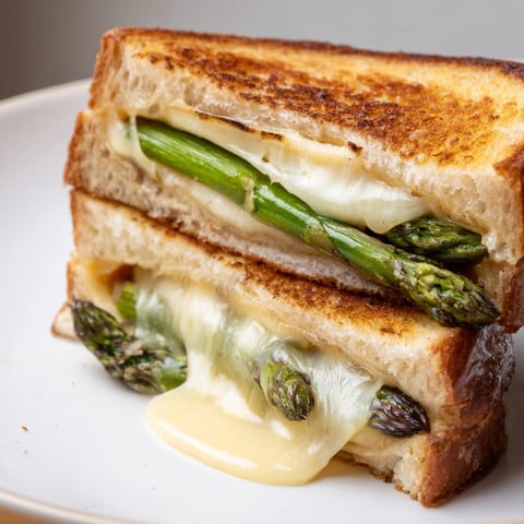 Golden-buttered sourdough slices sandwich melted Brie and charred asparagus spears, creating a savory grilled cheese for a luxurious lunch.
