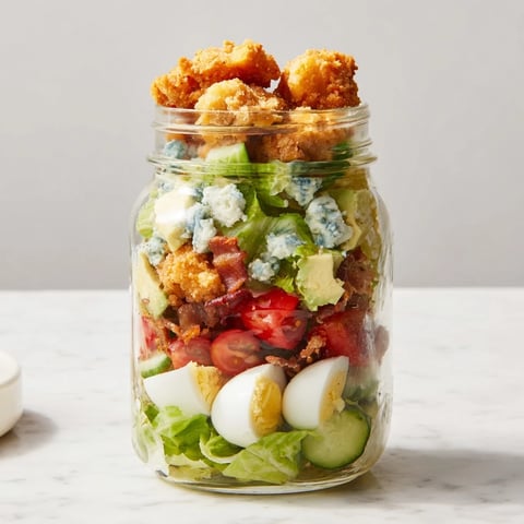 A clear jar displays the layered Crispy Chicken Cobb Salad with golden chicken bites, diced avocado, and crumbled bacon on a crisp romaine base.  