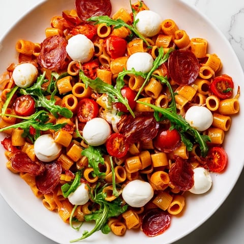 Fresh Spring Antipasto Pasta Salad featuring ditalini, peppery arugula, and creamy mozzarella pearls in a bright zesty dressing.  